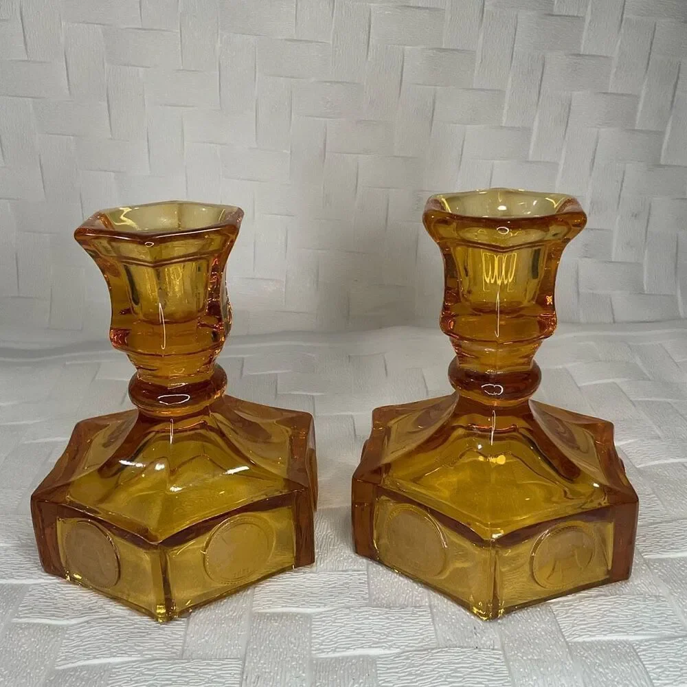 Set of 2 Vintage Amber Fostoria Coin Glass Candle Stick Holders 5” 4.5 INCH TALL